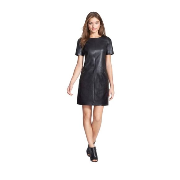 Halogen Leather Ponte Knit Shift Dress Womens Small Black Short Sleeve Crew Neck - Picture 13 of 13